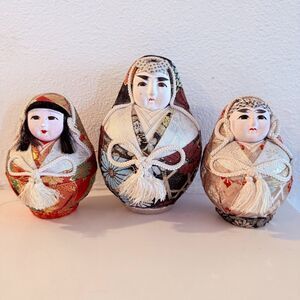 Vintage c.1940s Japanese Hime Nishiki Daruma Kimono Dolls - Set of 3